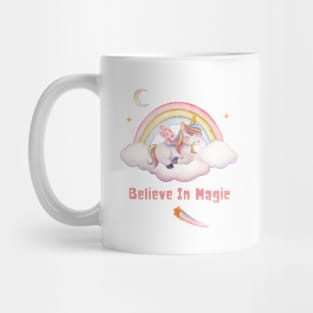 Believe In Magic Cute Unicorn With Rainbow, Clouds, And Stars Mug